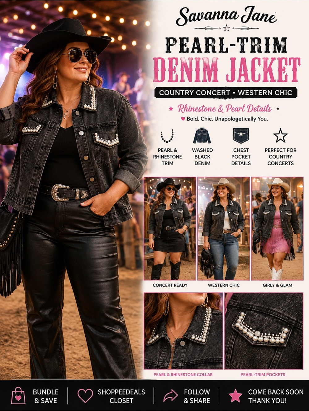 Savanna Jane Black Pearl-Trim Denim Jacket – Washed Black – Women’s 1X